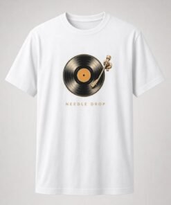 Needle Drop Vinyl Record unisex t-shirt in white with vinyl record with orange label and gold tonearm